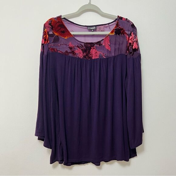 SALE!! Hannah Purple Bell Sleeve Blouse 1X Relaxed Fit Velvet Floral Neckline - Picture 2 of 11